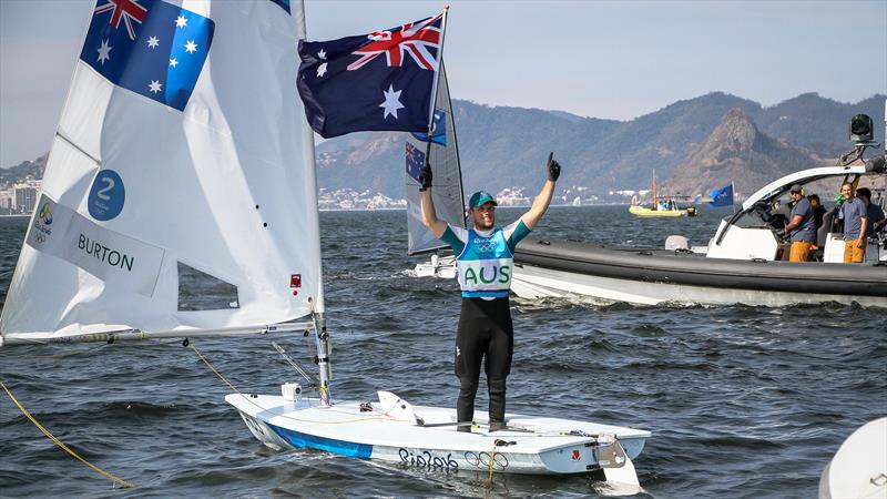 Tom Burton (AUS) immediately after winning the Gold medal in the Mens Laser - Rio Olympic Regatta photo copyright Richard Gladwell / Sail-World.com / nz taken at Iate Clube do Rio de Janeiro and featuring the ILCA 7 class