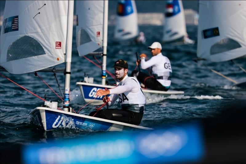 Laser athlete Charlie Buckingham (Newport Beach, Calif.) heading downwind with Philipp Buhl of Germany just behind photo copyright Sailing Energy / US Sailing taken at  and featuring the ILCA 7 class