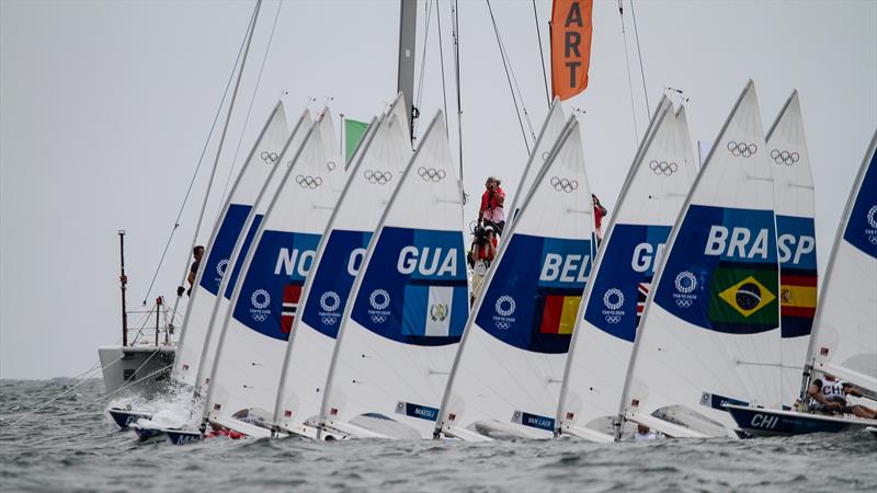 Tokyo2020 - Day 2 - July, 26, - Enoshima, Japan. Line judges at the start of the Laser fleet - Race 2 photo copyright Richard Gladwell - Sail-World.com / Photosport taken at Royal New Zealand Yacht Squadron and featuring the ILCA 7 class