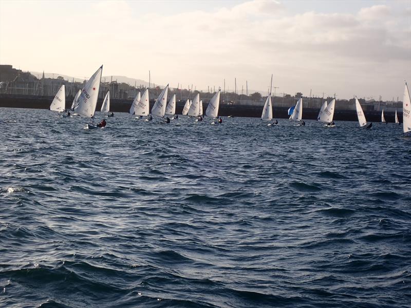 A curtain of ILCA sails halfway down the second reach as Dun Laoghaire Frostbite Series 2 gets underway photo copyright Cormac Bradley taken at Dun Laoghaire Motor Yacht Club and featuring the ILCA 7 class