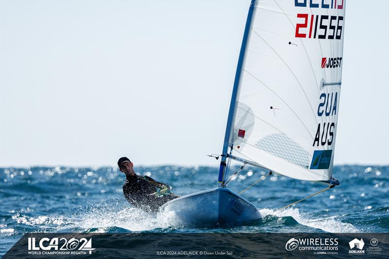 Ethan McAullay on day 2 of the 2024 ILCA 7 Men World Championship photo copyright Jack Fletcher / Down Under Sail taken at Adelaide Sailing Club and featuring the ILCA 7 class
