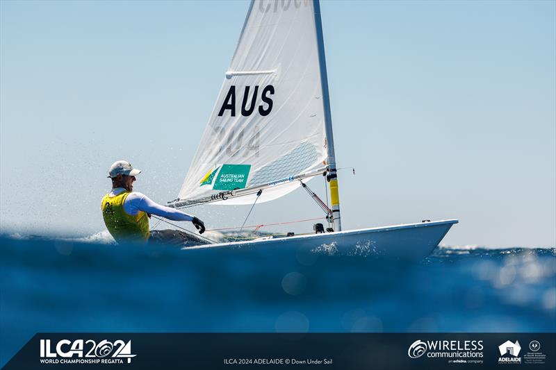 Matt Wearn heading upwind on day 5 of the 2024 ILCA 7 Men World Championship photo copyright Jack Fletcher / Down Under Sail taken at Adelaide Sailing Club and featuring the ILCA 7 class