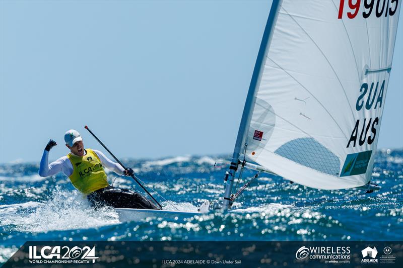 Matt Wearn crosses the line to win the 2024 ILCA 7 Men World Championship photo copyright Jack Fletcher / Down Under Sail taken at Adelaide Sailing Club and featuring the ILCA 7 class