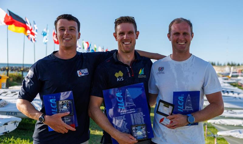 2024 ILCA 7 Men World Championship podium (l-r) Micky Beckett (3rd), Matt Wearn (1st), Hermann Tomasgaard (2nd) - photo © Jack Fletcher / Down Under Sail