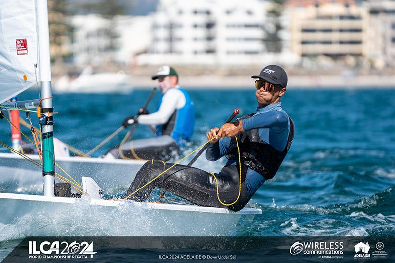 Kiwi Luke Deegan leads the way in the ILCA 7 Apprentice fleet - 2024 ILCA Masters World Championships photo copyright Harry Fisher, Down Under Sail taken at Adelaide Sailing Club and featuring the ILCA 7 class
