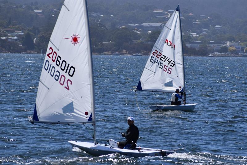 All Talk (Matt Pilkington) and Good Question (Tom Fader) are going head to head in the ICLA Group - 20th Banjo's Shoreline Crown Series Bellerive Regatta, day 1 photo copyright Jane Austin taken at Bellerive Yacht Club and featuring the ILCA 7 class