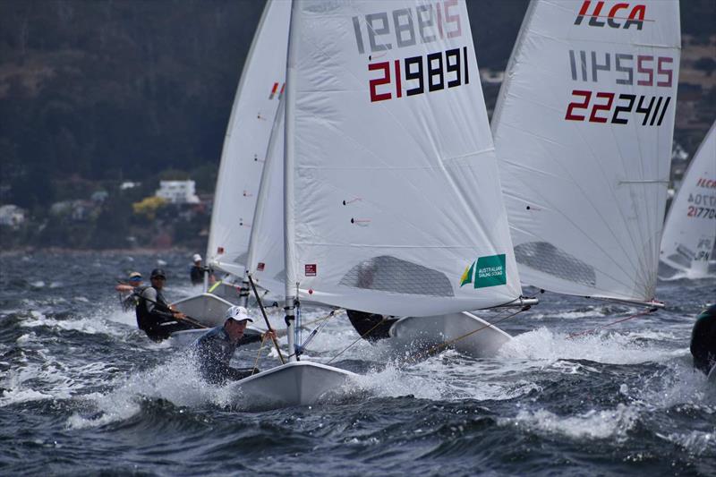 Lawson McAullay leading Campbell Patton in the ILCA 7 fleet - 2026 ILCA Oceania & Australian Open & Youth Championship, Day 1 photo copyright Jane Austin taken at Royal Yacht Club of Tasmania and featuring the ILCA 7 class