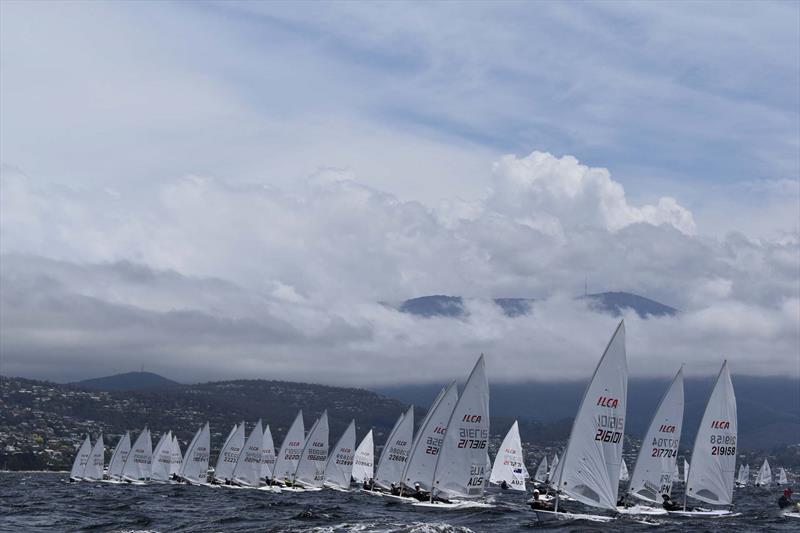 A fleet of 40 ILCA 7s line up for the start of Race One of the 12-race series - 2026 ILCA Oceania & Australian Open & Youth Championship, Day 1 photo copyright Jane Austin taken at Royal Yacht Club of Tasmania and featuring the ILCA 7 class