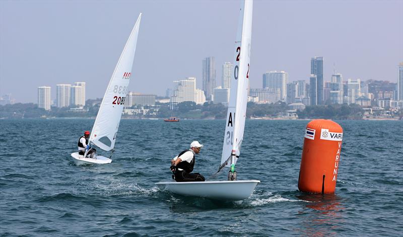 Australia's John Sweeny rounds the windward mark on day 1 of the Open Masters Championship 2026 photo copyright James Young taken at Royal Varuna Yacht Club and featuring the ILCA 7 class