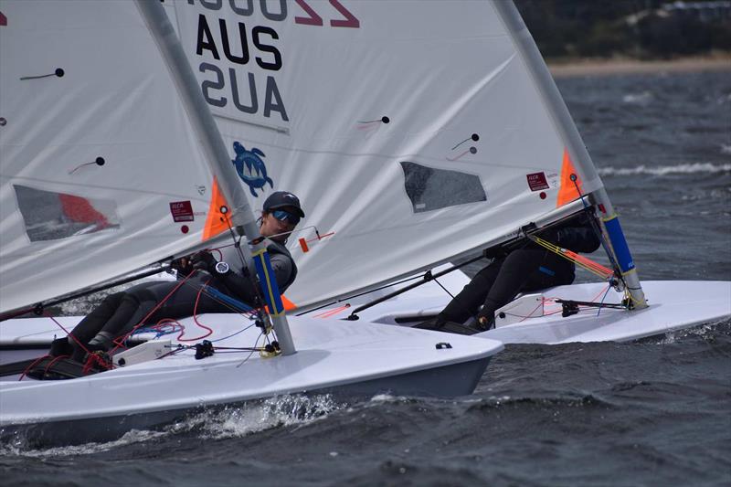 ILCA 4 Solidarity sailors Spacey Harper and Matilda Tarring sailing side by side on Day One of racing - 2026 ILCA Oceania & Australian Open & Youth Championship, Day 1 photo copyright Jane Austin taken at Royal Yacht Club of Tasmania and featuring the ILCA 4 class
