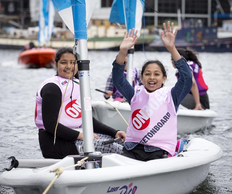 Angellica Bell and Michael Underwood join Paralympic gold medallist Helena Lucas ) to officially relaunch the RYA's OnBoard programme photo copyright onEdition taken at Docklands Sailing & Watersports Centre and featuring the Laser Pico class