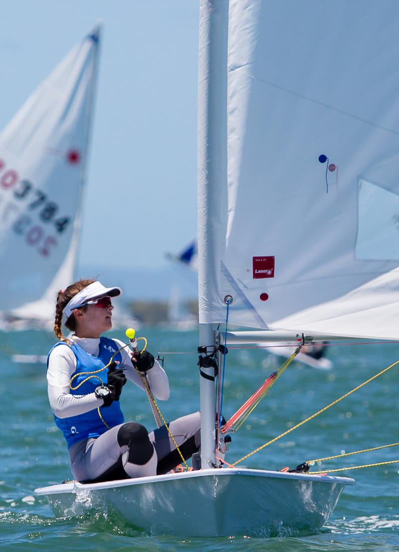 Paige Caldecoat leading the female Laser Radial fleet on day 1 of the 2018 Australian Youth Championships photo copyright RQYS taken at Royal Queensland Yacht Squadron and featuring the ILCA 6 class