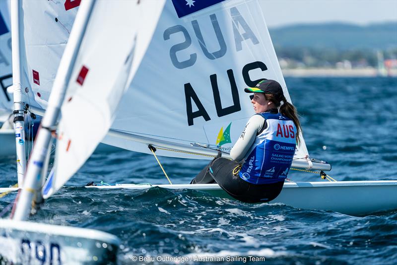 Zoe Thomson on day 2 of Hempel Sailing World Championships Aarhus 2018 photo copyright Beau Outteridge taken at Sailing Aarhus and featuring the ILCA 6 class