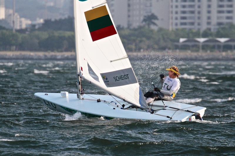 The innate simplicity of Bruce Kirby's Laser design was a key factor in its success. Gintare Scheidt (LTU) practicing in the squall ahead of the Laser Radial Medal Race - Rio 2016 - photo © Richard Gladwell / Photosport