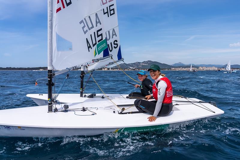 Friends Mara Stransky (elft) and Casey Imeneo celebrate their Medal Race results -  2023 Hyeres Regatta photo copyright Beau Outteridge / Australian Sailing Team taken at COYCH Hyeres and featuring the ILCA 6 class