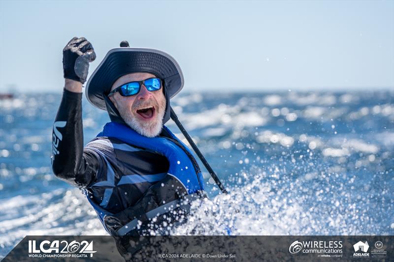 David Southwell may be coming 45th in the ILCA6 Grand Masters, but he's having a great time - 2024 ILCA Masters World Championships photo copyright Harry Fisher / Down Under Sail taken at Adelaide Sailing Club and featuring the ILCA 6 class