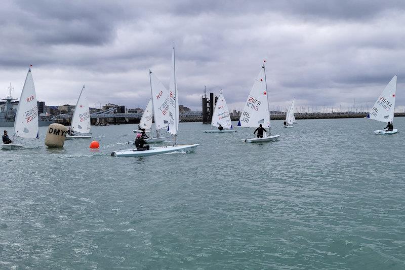 ILCA 6s are led down the downwind leg by Sean Craig, with Hugh Delap, Darren Griffin, Shirley Gilmore, Mary Chambers and Conor Clancy in pursuit - Viking Marine Frostbite Series 3rd March photo copyright Ian Cutliffe taken at Dun Laoghaire Motor Yacht Club and featuring the ILCA 6 class
