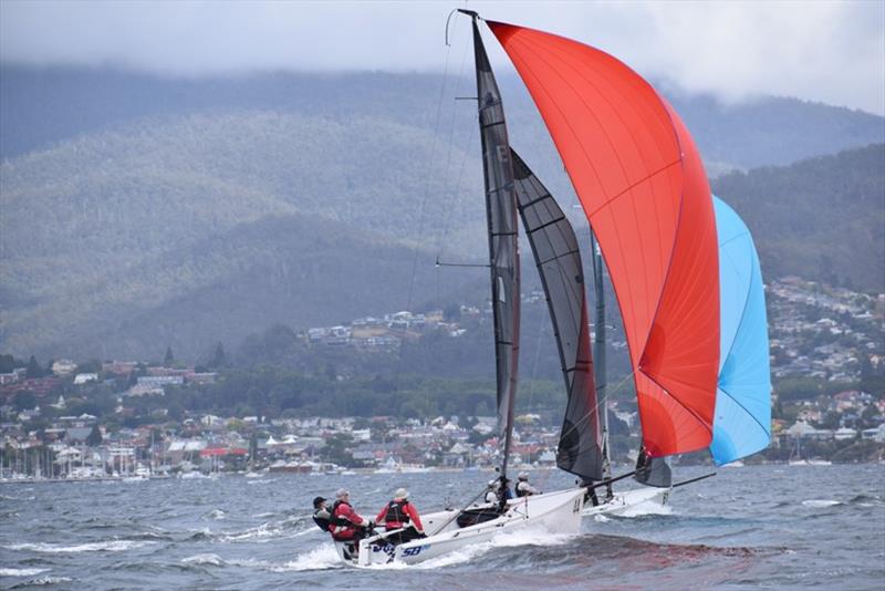 Rebellion (Stephen Catchpool) and Frazer Read (Pinch) racing downwind - Tasmanian SB20 Championship 2020, day 1 photo copyright Jane Austin taken at  and featuring the SB20 class