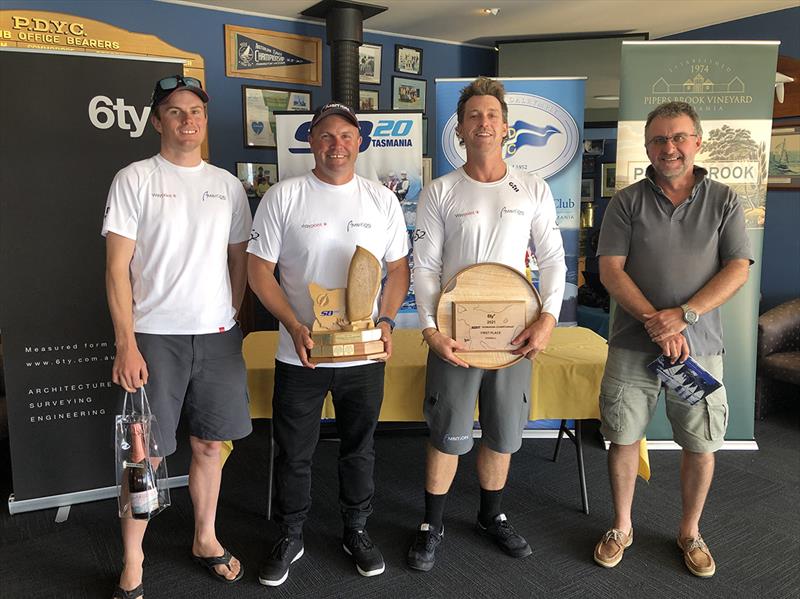 Ambition the new SB20 Tasmanian Champions L to R Lockie Dare Chris Dare (skipper) Ben Lamb and Race Office Peter Sluce photo copyright Jane Austin taken at Port Dalrymple Yacht Club and featuring the SB20 class