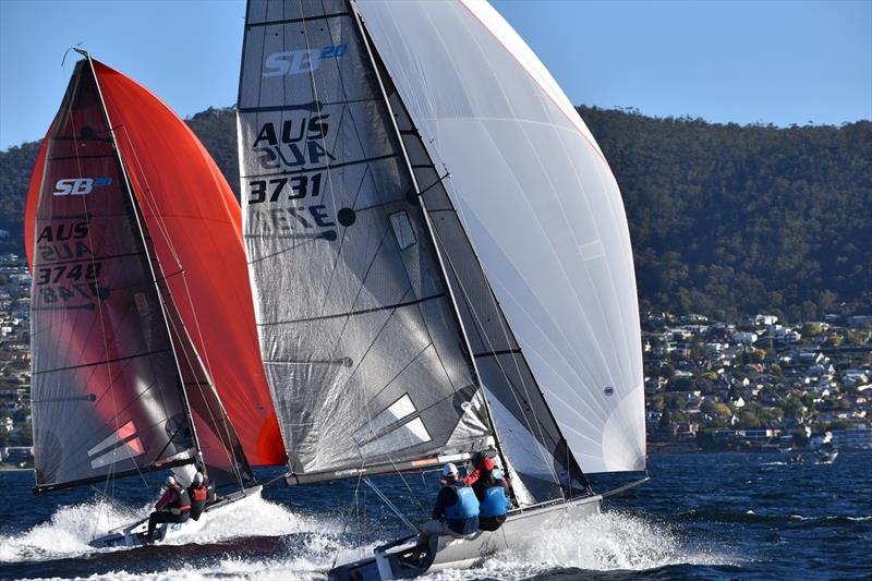 Nick Rogers (Karabos) (left) and Michael Cooper (Export Roo) (right) are two of the quickest boats downwind in the SB20 fleet - 2021 SB20 Australian Championship photo copyright Jane Austin taken at Derwent Sailing Squadron and featuring the SB20 class