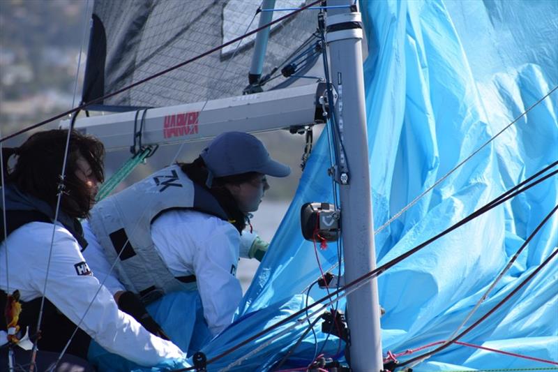 The Fahan School Team hard at work bringing in the spinnaker at the bottom mark - Harcourts Hobart SB20 Australian Championship - photo © Jane Austin