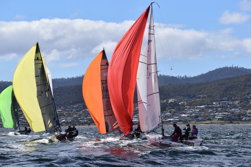 Lots of colour and movement on the River Derwent - 2026 Storm Bay Apparel SB20 Australian Championship Day 2 photo copyright Jane Austin taken at Derwent Sailing Squadron and featuring the SB20 class