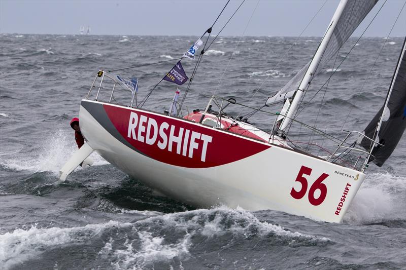 Nick Cherry inspects his damaged starboard runner after La Solitaire URGO Le Figaro start photo copyright Alexis Courcoux taken at  and featuring the Figaro class