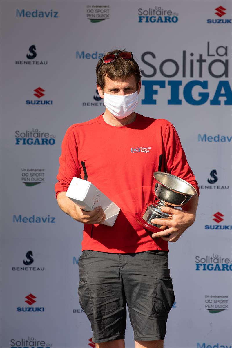 Tom Dolan on Smurfit Kappa lifts the Vivi Trophy in the 51st La Solitaire du Figaro photo copyright Alexander Champy-McLean taken at  and featuring the Figaro class