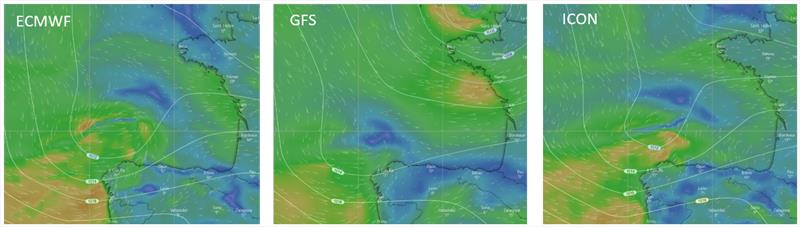 La Transat en Double: Thursday 13th 0900 UTC: left ECMWF, middle GFS, right ICON. There is still significant spread in how the models are handling the developing depression on Thursday and the area of light winds ahead of this photo copyright TH Meteorology taken at  and featuring the Figaro class