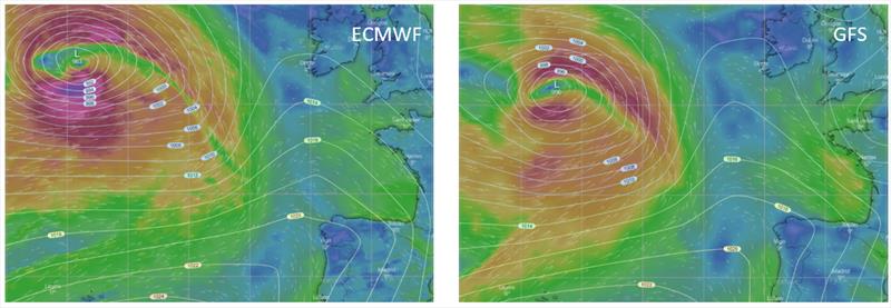 La Transat en Double: Friday 14th 0600 UTC: left ECMWF, right GFS. Better agreement that the ridge will track quickly southeast across the fleet with a strong west or southwesterly building behind. - photo © TH Meteorology