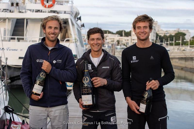 53rd La Solitaire du Figaro stage 2 podium: 2nd Achille Nebout - Amarris Primeo Énergie / 1st Guillaume Pirouelle - Région Normandie / 3rd Tom Laperche - Bretagne CMB Performance - photo © Alexis Courcoux