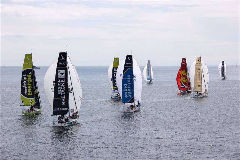 Transat Paprec start: Light winds during the round the buoys circuit prior to leaving the Bay of Port La Foret photo copyright Alexis Courcoux taken at  and featuring the Figaro class