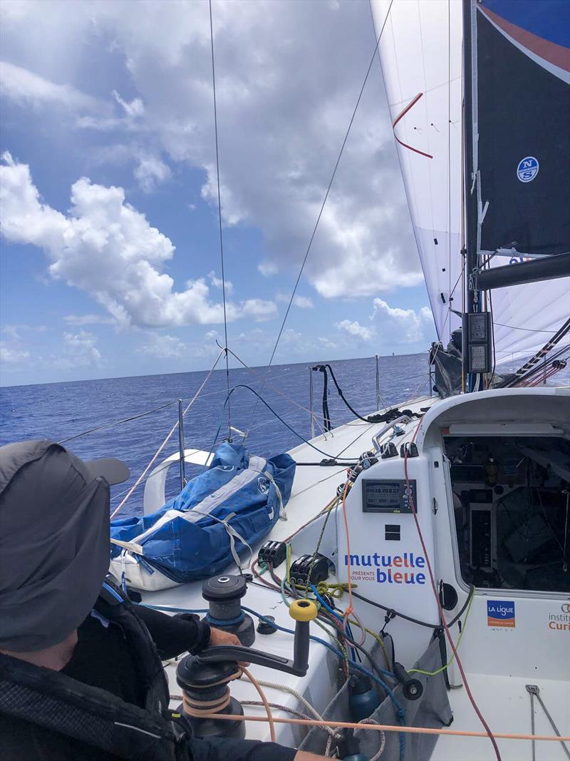 On board race leader Mutuelle Bleue, Corentin Horeau on the helm showing maximum concentration - Transat Paprec  photo copyright Mutuelle Bleue taken at  and featuring the Figaro class