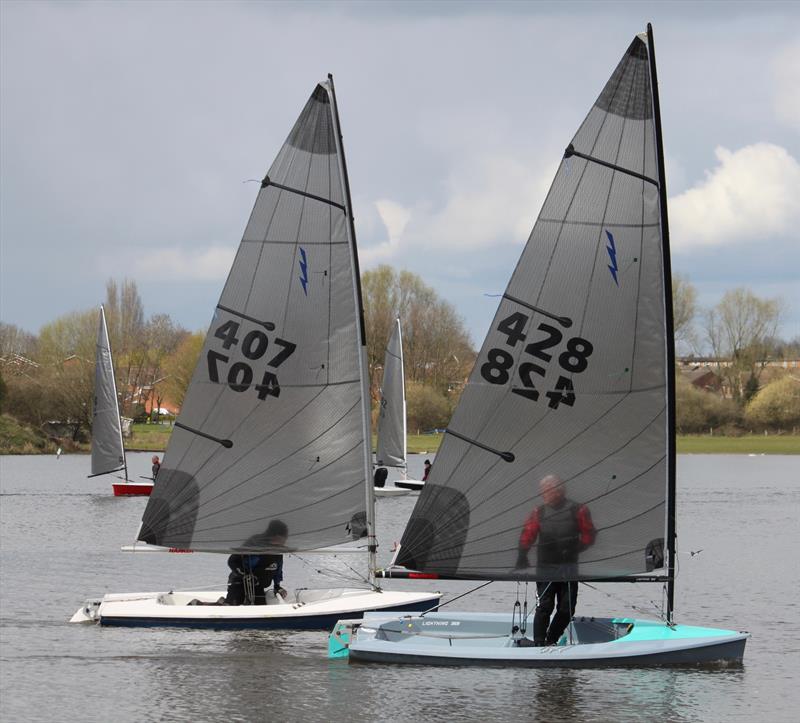 A difference in light air technique between Simon Hopkins (428) and Bryan Westley (407) during the Noble Marine Lightning 368 2022 Travellers Series at Aldridge photo copyright Diane Hodgson taken at Aldridge Sailing Club and featuring the Lightning 368 class