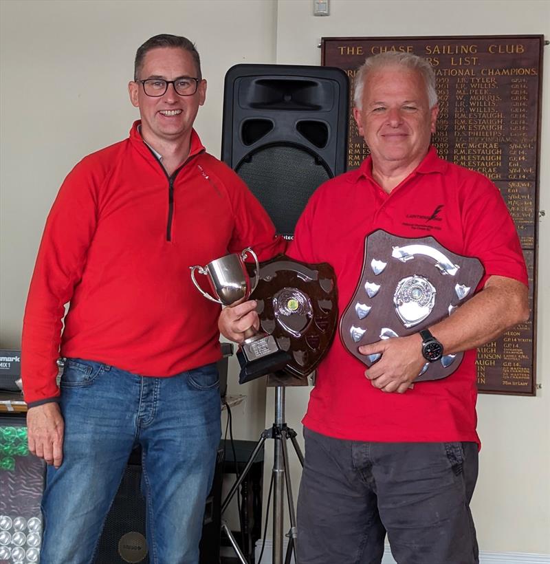 Champion Simon Hopkins receives his trophies from Commodore Dave Watkins during the Noble Marine Lightning 368 2023 Nationals at Chase SC photo copyright Alison Hopkins taken at Chase Sailing Club and featuring the Lightning 368 class