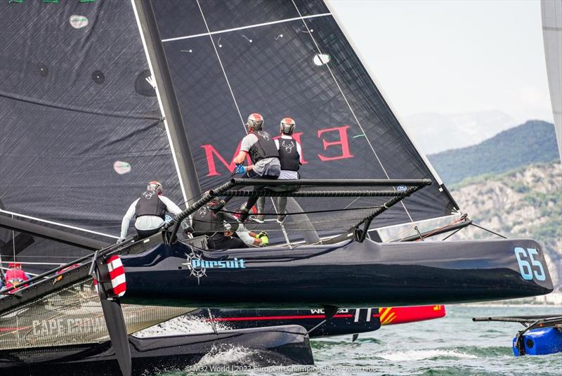 Team Pursuit with skipper Bill Ruh sending it on Lake Garda - M32 European Championships 2022 photo copyright M32 World / Kevin Rio taken at Fraglia Vela Riva and featuring the M32 class