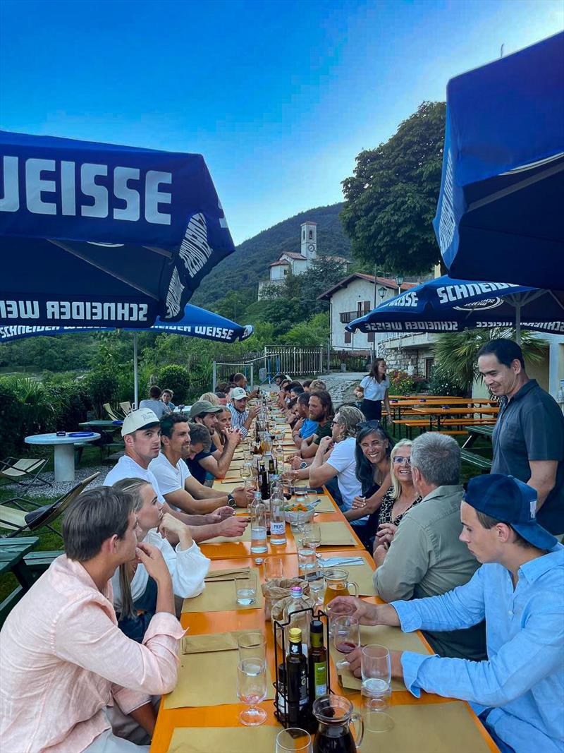 On Saturday, everyone gathered poolside at the top of the mountain for a delicious meal hosted by the Danish team Warrer during the M32 Europeans at Lake Garda photo copyright Kevin Rio taken at Fraglia Vela Riva and featuring the M32 class