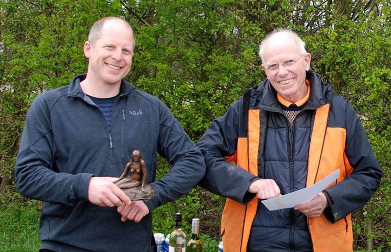 No handshakes between the winner, Colin Goodman, and RO Roger, just elbows - Marblehead Mermaid Trophy at Guildford photo copyright Roger Stollery taken at Guildford Model Yacht Club and featuring the Marblehead class