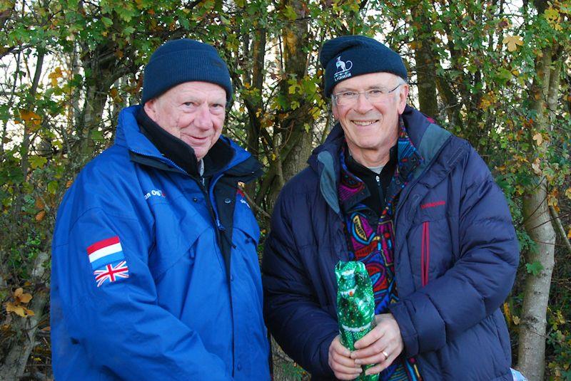 RO Hugh McAdoo (L) presents a prize to Nigel Barrow (R) - Marblehead Brass Monkey and GAMES 13 event at Abbey Meads, Chertsey photo copyright Slieve Mcgalliard taken at Guildford Model Yacht Club and featuring the Marblehead class