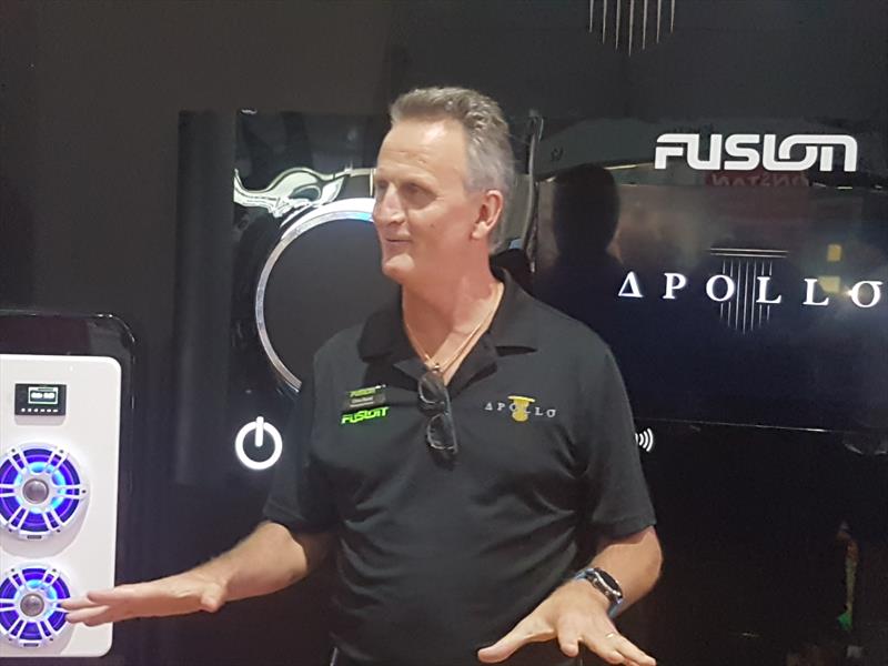 Chris Baird enthusiastically demonstrates Fusion's new Apollo audio systems at the Sanctuary Cove International Boat Show photo copyright Peter Rendle taken at  and featuring the Marine Industry class