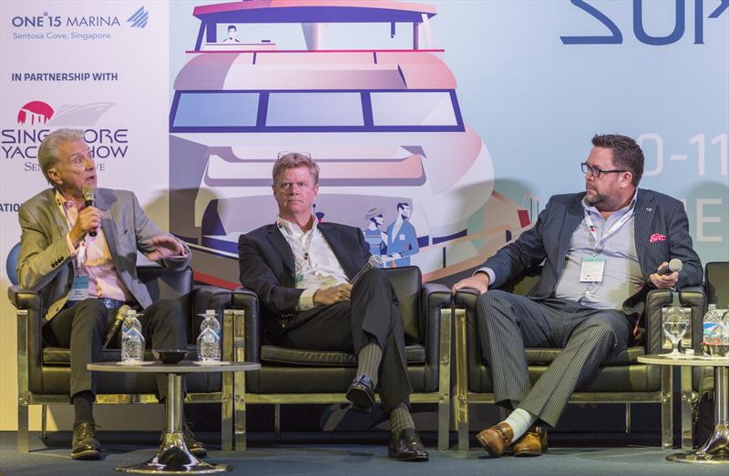 Barry Jenkins (Chairman, Superyacht Australia), Jean-Marc Poullet (Chairman Asia, Burgess), Nigel Beatty (Chairman, APSA). APSC 2018 photo copyright Guy Nowell taken at ONE15 Marina Club and featuring the Marine Industry class