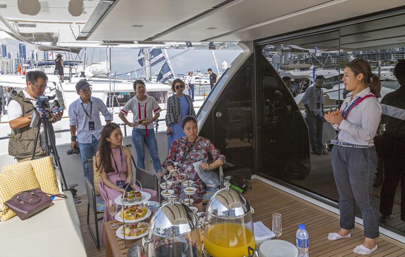 The press enjoys afternoon tea on board a Sanlorenzo 78, courtesy of Simpson Marine.5th Shenzhen Bay International Boat Show photo copyright Guy Nowell taken at  and featuring the Marine Industry class