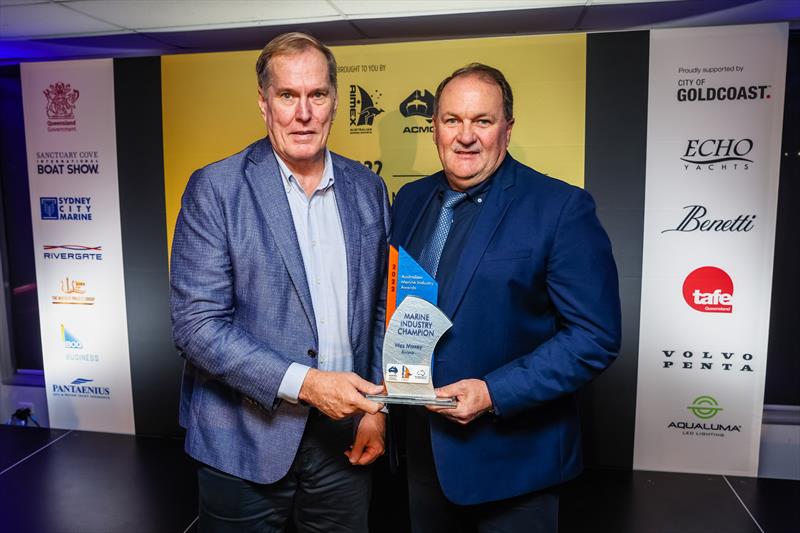 Wes Moxey, Riviera presented with a 2022 Australian Marine Industry Award by Steve Fisher, Rivergate Marina & Shipyard - photo © Salty Dingo