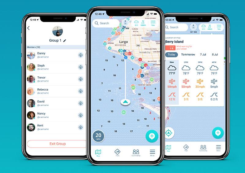 The Wavve Boating app makes navigating on the water simple and easy for all boaters. The community screen (left), The navigation screen (middle) and the live weather tracking screen (right) photo copyright Wavve Boating taken at  and featuring the Marine Industry class