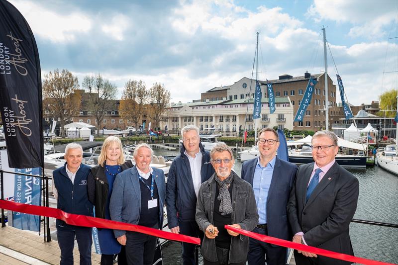Paul Atkins, Lesley Robinson, Christopher Head, Alan Knight, Eddie Jordan, Ashley Highfield, Paul Gullett open London Luxury Afloat at St Katharine Docks in London photo copyright Will Ireland / PinPep taken at  and featuring the Marine Industry class