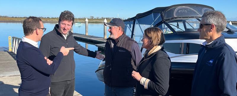 (l-r) Minister for Outdoor Recreation Steve Dimopoulos, Member for Werribee John Lister, BIAV's Scott O'Hare and Steve Walker, and PoWAG's Dani O'Hare photo copyright Boating Industry Association of Victoria taken at  and featuring the Marine Industry class