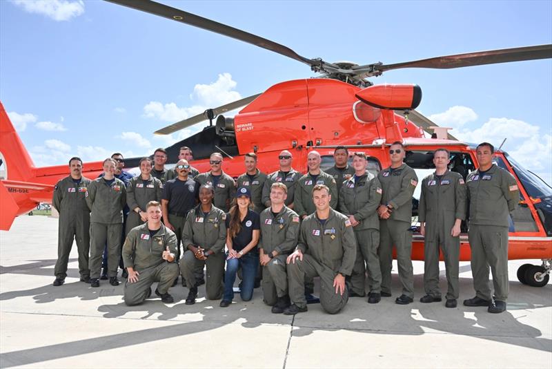 Department of Homeland Security Secretary Kristi Noem poses with personnel from Coast Guard Air Stations Corpus Christi and Houston, July 11, 2025, in Kerrville. Both air stations responded to a request for Coast Guard assistance in response to flooding photo copyright Petty Officer 2nd Class Brandon Hillard taken at  and featuring the Marine Industry class