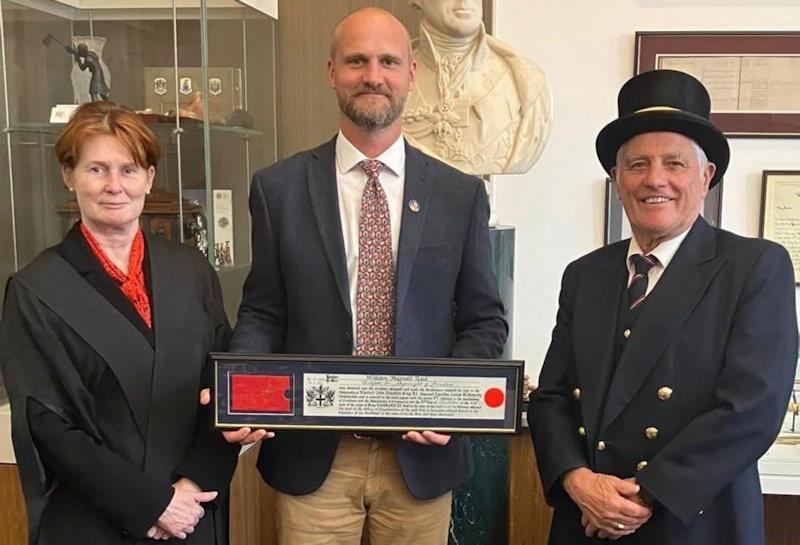Will Reed (centre) receives Freedom of the City of London - with the Clerk to the Chamberlain's Court and the Beadle photo copyright BBA taken at  and featuring the Marine Industry class