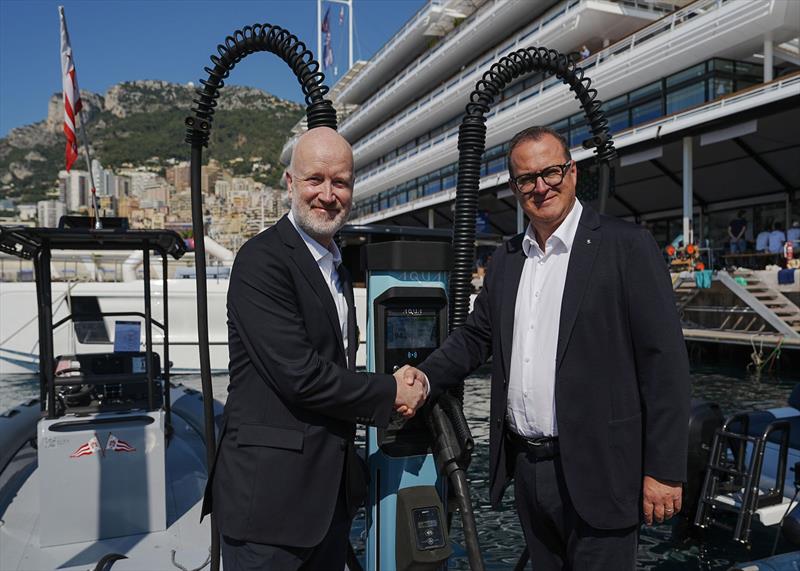 (left to right) : Stewart Wilkinson, CEO of ATV Power and Fabrizio Zago, CEO of NatPower at the Yacht Club de Monaco photo copyright NatPower Marine taken at  and featuring the Marine Industry class