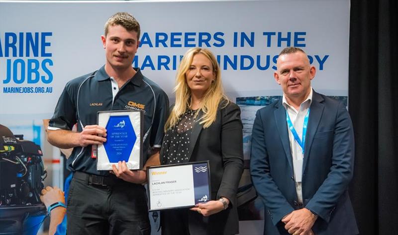 (from left): BIA Apprentice of the Year 2026 Lachlan Fraser of Onboard Marine Services, BIA President Tracy Souris and Gary Downs - photo © Boating Industry Association